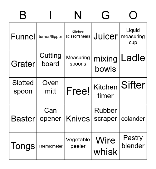 Mrs. Phillips Kitchen Utensil Bingo Card