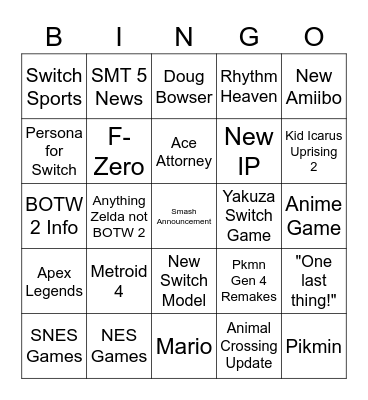 Nintendo Direct 2/17/21 Bingo Card