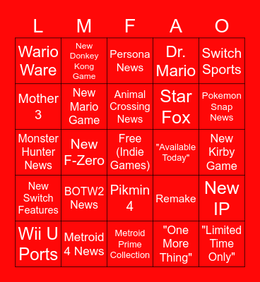 Nintendo Direct 17.02 Bingo Card