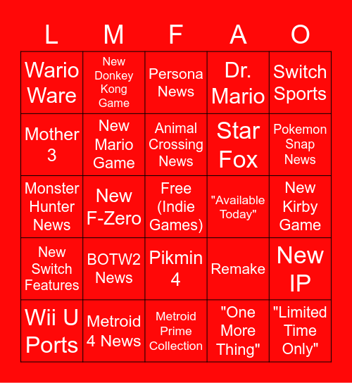 Nintendo Direct 17.02 Bingo Card