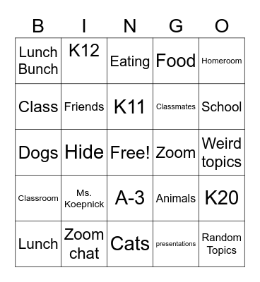 Lunch Bunch Bingo Card