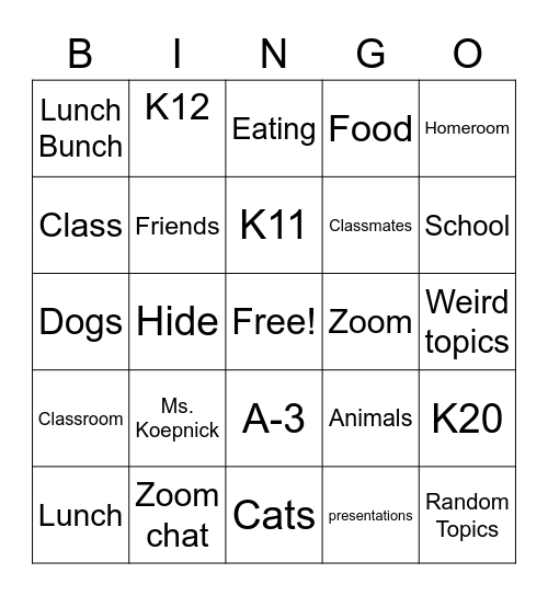 Lunch Bunch Bingo Card
