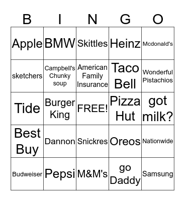 Super Bowl Commercial Bingo 2015 Bingo Card