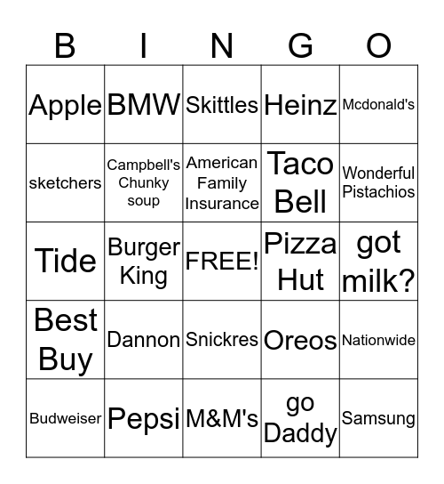 Super Bowl Commercial Bingo 2015 Bingo Card