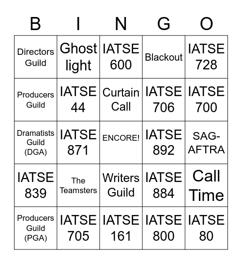 Theatre and Media Professional Unions and Bingo Card