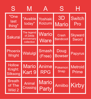 Nintendo Direct Bingo Card