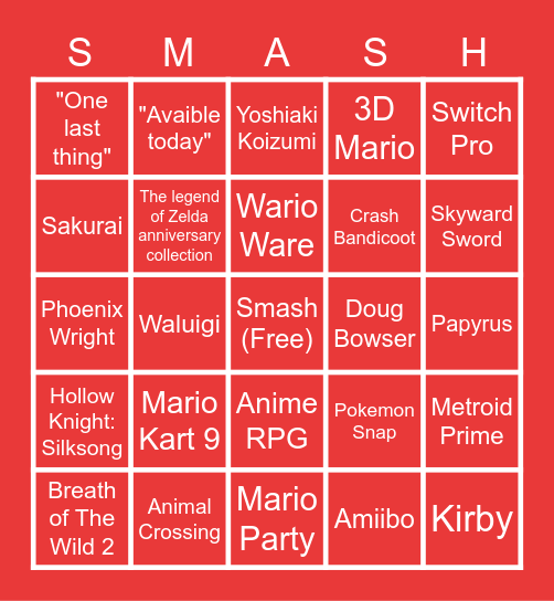 Nintendo Direct Bingo Card