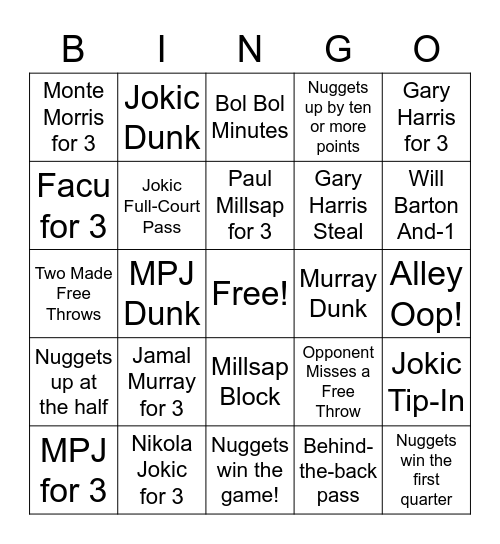 Nuggets Bingo For Kids Bingo Card