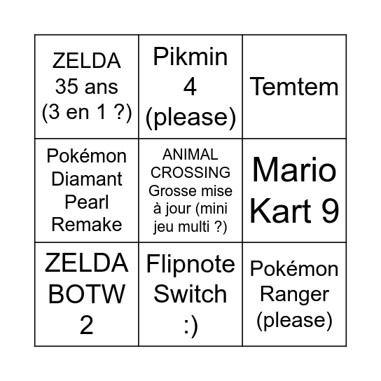 Nintendo Direct AAAAAAAAAAA Bingo Card