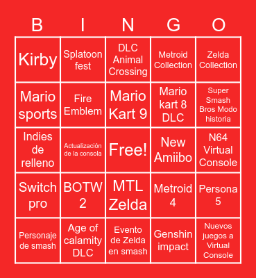 NINTENDO DIRECT Bingo Card