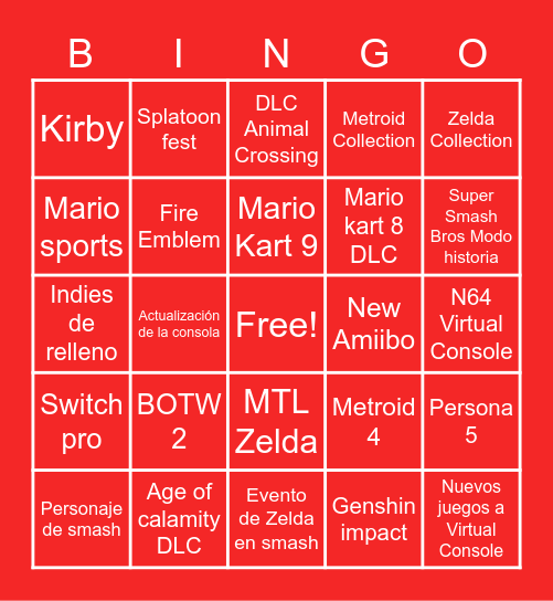 NINTENDO DIRECT Bingo Card