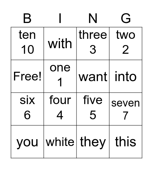 Sight Words Bingo Card