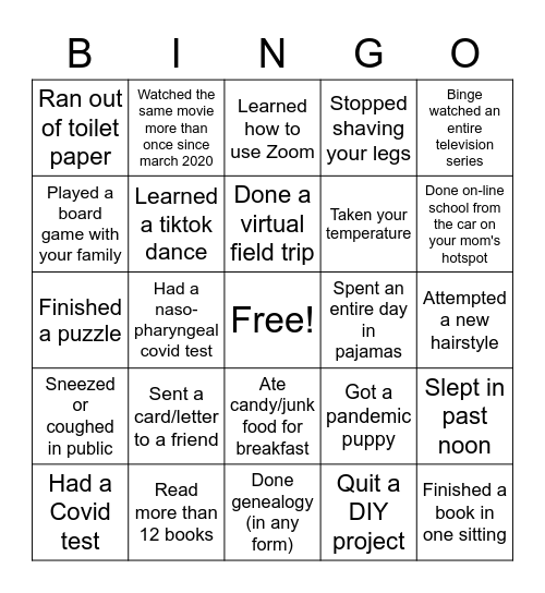 Pandemic Bingo Card