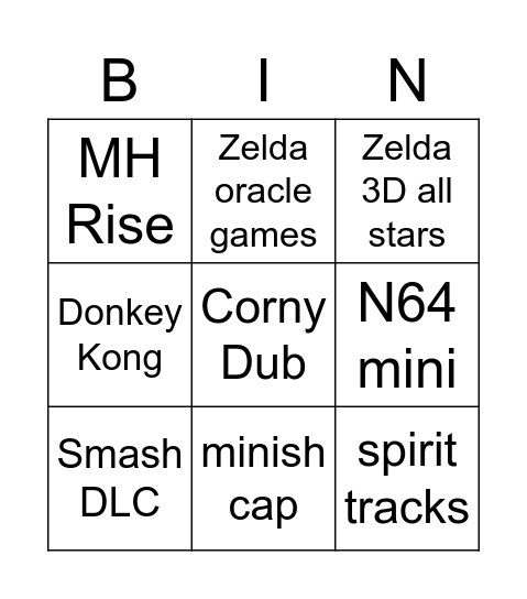 Nintendo Disappointment Bingo Card