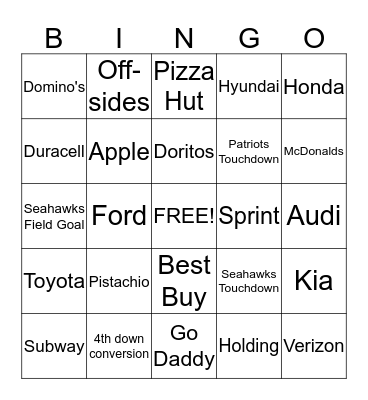 Super Bowl BINGO Card