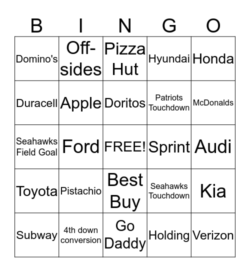 Super Bowl BINGO Card