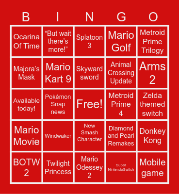 Nintendo Direct Bingo Card