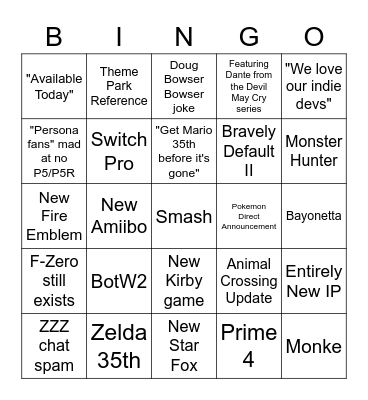 Nintendo Direct 2/17 Bingo Card