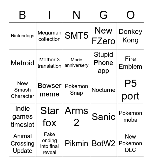 Nintendo Direct Bingo Card