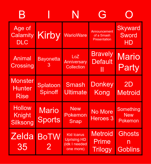 Nintendo Direct Feb. 17 20201 Bingo Card