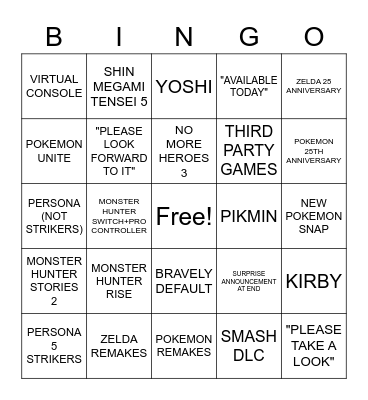 NINTENDO DIRECT FEB Bingo Card