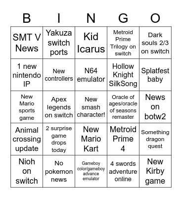 Nintendo Direct Bingo Card