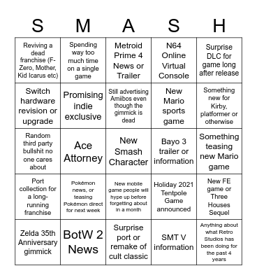 Nintendo Direct 2/17/21 Bingo Card