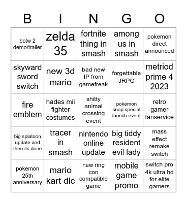 ninty direct Bingo Card