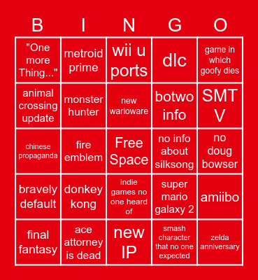 Nintendo Direct February 2021 Bingo Card