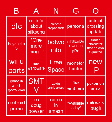 Nintendo Direct February 2021 Bingo Card