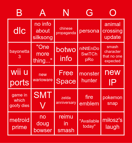 Nintendo Direct February 2021 Bingo Card