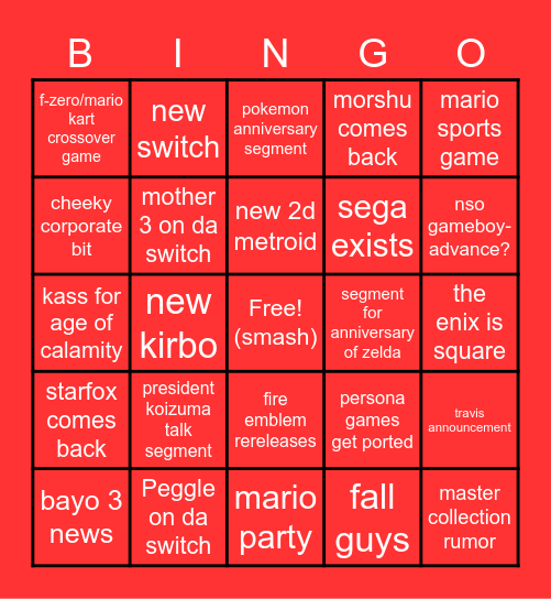 Nintendo Direct BINGO Card