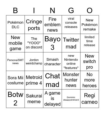 nintendo direct prediction Bingo card Bingo Card