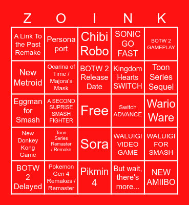 NINTENDO DIRECT 20 Bingo Card