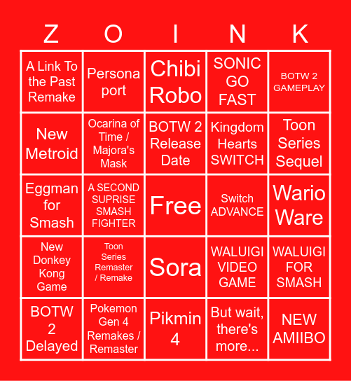 NINTENDO DIRECT 20 Bingo Card