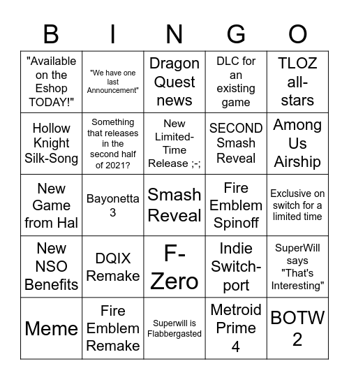 SuperWill123_'s Nintendo Direct Bingo Card