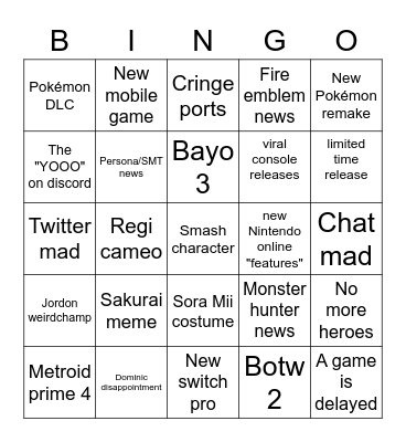 nintendo direct prediction Bingo card Bingo Card