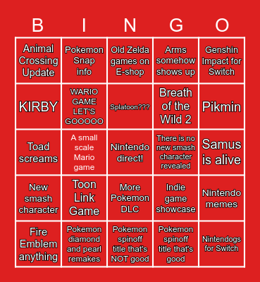 Nintendo direct bingo Card