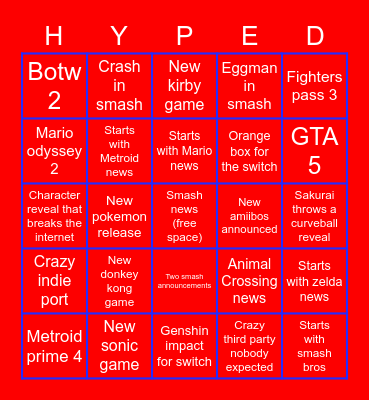 Nintendo Direct bingo Card