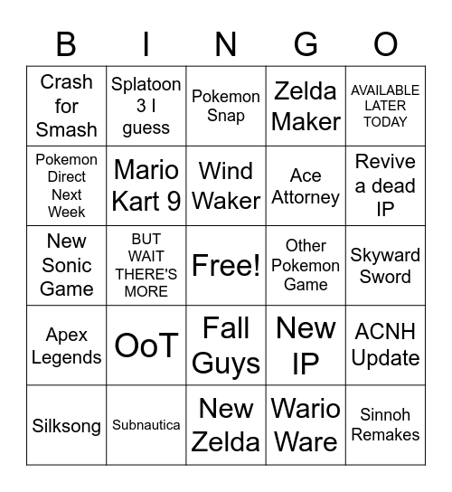 Nick's Nintendo Direct Bingo Card Bingo Card