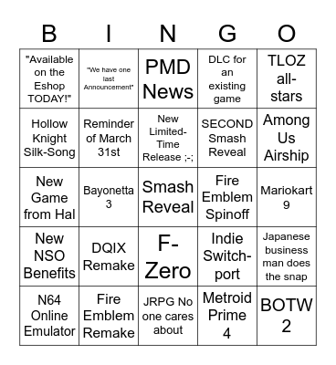 SuperWill123_'s Nintendo Direct Bingo Card