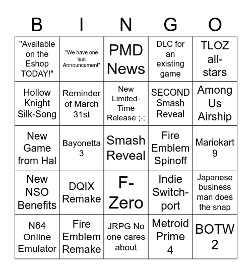 SuperWill123_'s Nintendo Direct Bingo Card