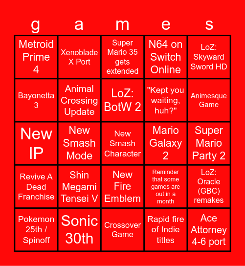 Nintendo Switch has Bingo Card