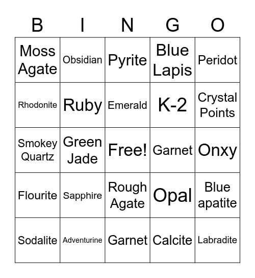 Gemstone Bingo Card