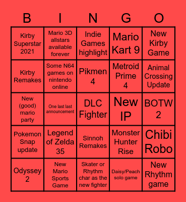 Nintendo Direct Bingo Card