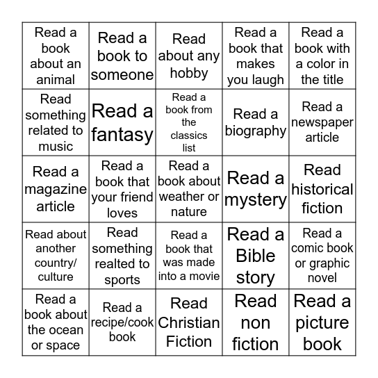 Reading Bingo Card