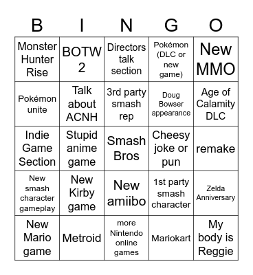 Nintendo direct 2/17/21 Bingo Card