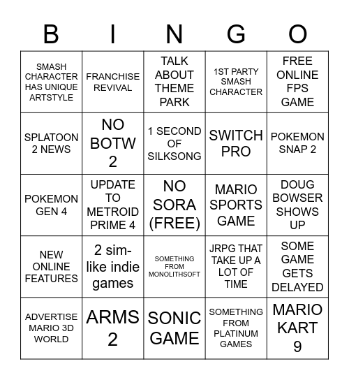 NINTENDO DIRECT BINGO Card