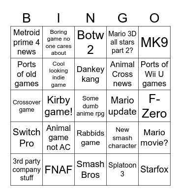 Nintendo Direct Bingo Card Bingo Card