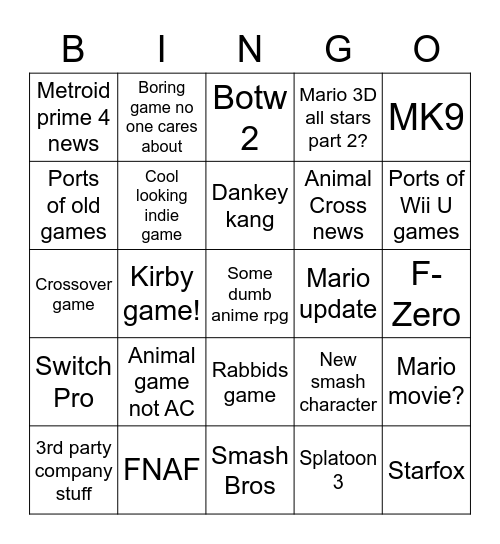Nintendo Direct Bingo Card Bingo Card
